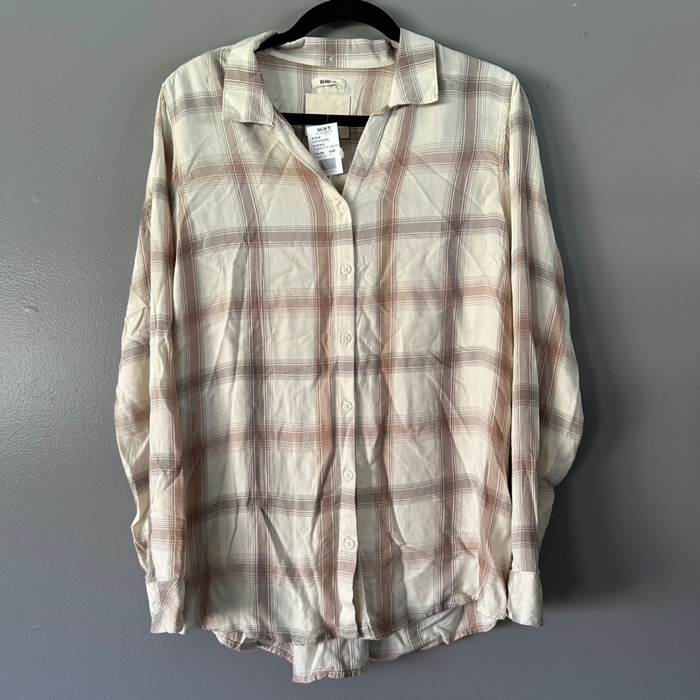 Thread & Supply Relaxed Fit Neutral Plaid Button Down Shirt MEDIUM NWT Viscose